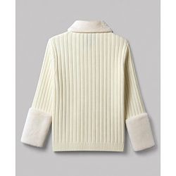 Pine Kids Knit Full Sleeves Solid Colour Front Open Sweater with Collar Neck - Off White