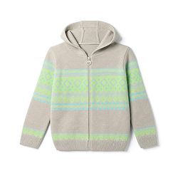 Pine Kids Knit Full Sleeves Hooded  Front Open Sweaters with Geometric Design - Beige