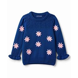 Pine Kids Knit Full Sleeves Pullover with Floral Embroidery - Navy