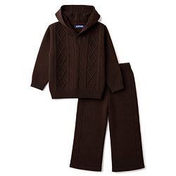Pine Kids Knit Full Sleeves Hooded Solid Colour Sweater Set With Cable Knit Design- Brown