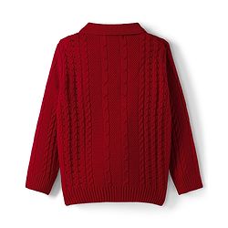 Pine Kids Knit Full Sleeves Polo Collar Solid Sweater Set with Cable Knit Design - Dark Red