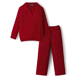 Pine Kids Knit Full Sleeves Polo Collar Solid Sweater Set with Cable Knit Design - Dark Red