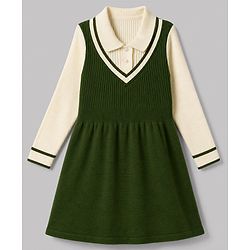 Pine Kids Knit Full Sleeves Solid Woolen Dress - Green