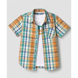 Pine Kids Cotton Woven Checks Shirt and Text Print T-Shirt with Half Sleeves -Green