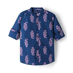 Pine Kids 100% Cotton Woven Full Sleeves Floral Printed Shirt - Navy Blue