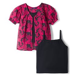 Pine Kids Woven Half Puffed Sleeves Floral Printed Top with Inner Slips - Dark Pink & Black