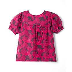 Pine Kids Woven Half Puffed Sleeves Floral Printed Top with Inner Slips - Dark Pink & Black