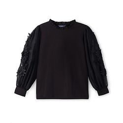 Pine Kids Woven Full Sleeves Solid Colour Top with Lace Detailing in Sleeves- Black