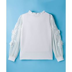 Pine Kids Woven Full Sleeves Top with Mesh Sleeves & Ruffle Neck - White