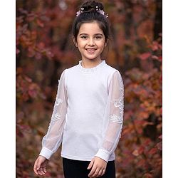 Pine Kids Woven Full Sleeves Top with Mesh Sleeves & Ruffle Neck - White
