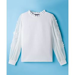 Pine Kids Woven Full Sleeves Top with Mesh Sleeves & Ruffle Neck - White