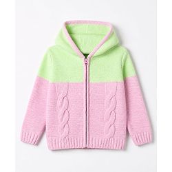 Pine Kids Cable Knit Front Open Sweater with Full Sleeves in Pink Green