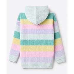 Pine Kids Knit Front Open Sweater with Full Sleeves and Stripes In Green