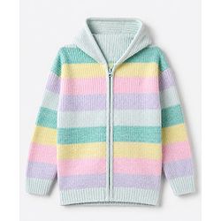 Pine Kids Knit Front Open Sweater with Full Sleeves and Stripes In Green