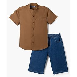 Pine Kids Cotton Woven Solid Color Half Sleeves Shirt & Shorts Set - Beige & Navy Blue