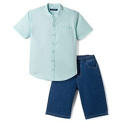 Pine Kids Cotton Woven Solid Color Half Sleeves Shirt & Shorts Set - Light Blue