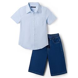 Pine Kids Cotton Woven Half Sleeves Striped Shirt and Denim Shorts Set - Light Blue