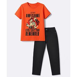 Pine Kids Cotton Knit Half Sleeves Text Printed T-Shirt and Jeans Set - Orange & Black