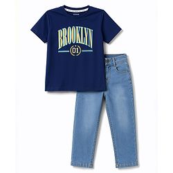 Pine Kids Cotton Knit Half Sleeves T-Shirt & Jeans Set with Brooklyn Print - Navy Blue