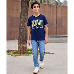 Pine Kids Cotton Knit Half Sleeves T-Shirt & Jeans Set with Brooklyn Print - Navy Blue