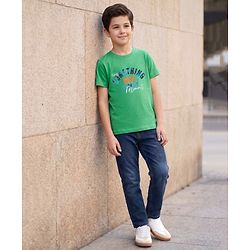 Pine Kids Cotton Knit Half Sleeves Text Printed T-Shirt & Jeans - Green & Blue