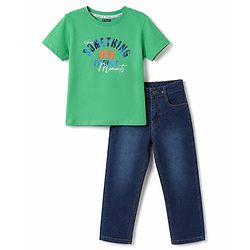 Pine Kids Cotton Knit Half Sleeves Text Printed T-Shirt & Jeans - Green & Blue