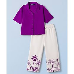 Pine Kids Cotton Woven Half Sleeves Solid Shirt & Beach Theme Printed Pant Set - Purple