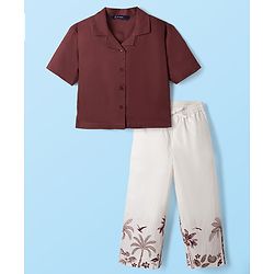 Pine Kids Cotton Woven Half Sleeves Shirt & Trousers Set with Tropical Theme Print - Maroon & White