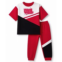 Pine Kids Looper Knit Half Sleeves T-Shirt & Joggers Set with Cut & Sew Design - Red