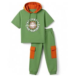 Pine Kids Looper Knit Half Sleeves Hooded T-Shirt & Lounge Pant Set - Green