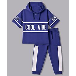 Pine Kids Looper Knit Half Sleeves Cool Vibe Printed Hooded Sweatshirt & Jogger set - Royal Blue