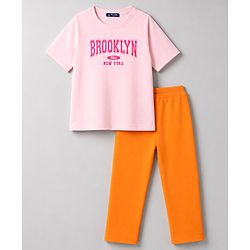 Pine Kids Cotton Looper Knit Half Sleeves Text Printed Top & Pant Set - Light Pink & Orange