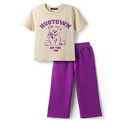 Pine Kids Cotton Looper Knit Half Sleeves Bear Printed Top & Track Pant Set - White & Purple