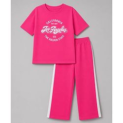 Pine Kids Cotton Looper Knit a Half Sleeves Text Printed Top & Pant Set - Dark Pink