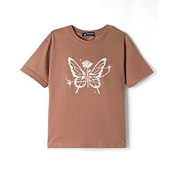 Pine Kids Cotton Looper Knit Half Sleeves Butterfly & Rose Printed Top & Track Pant Set - Tan
