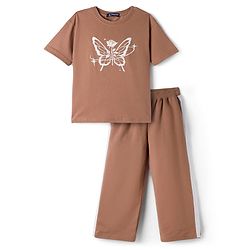 Pine Kids Cotton Looper Knit Half Sleeves Butterfly & Rose Printed Top & Track Pant Set - Tan