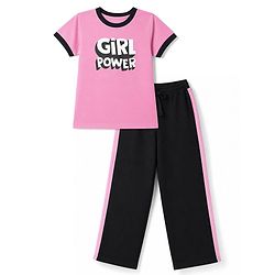 Pine Kids Cotton Looper Knit Half Sleeves Girls Power Printed Top & Pant Set - Pink