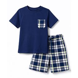 Pine Kids Cotton Knit Half Sleeves Checkered T-Shirt & Shorts Night Suit - Navy Blue