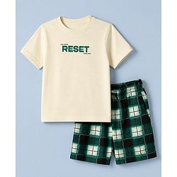 Pine Kids 100% Cotton Bio Washed Single Jersery 180 GSM Knit Half Sleeves T-Shirt & Short Night Suit with Checks & Chill Mode Reset Game Now Text - Off White
