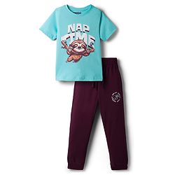 Pine Kids Cotton Knit Half Sleeves Text & Sloth Printed T-Shirt & Pyjama Night Suit - Light Blue