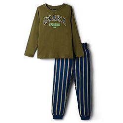 Pine Kids Cotton Knit Full Sleeves Text Printed Tee &  Pyjama Night Suit - Olive Green