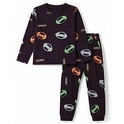 Pine Kids Cotton Knit Full Sleeves T-Shirt & Pyjama Co-ords Night Suit With Ball Print - Wine