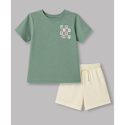 Pine Kids Cotton Knit Half Sleeves T-Shirt & Shorts Night Suit With Text Print - Green