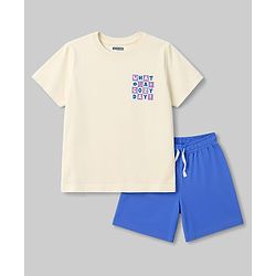 Pine Kids Cotton Knit Half Sleeves T-Shirt & Shorts Nightsuit with Text Print - Green & Cream
