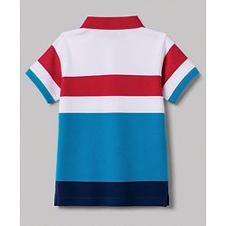 Pine Kids 100% Cotton Knit Half Sleeves Striped & Sports Theme Printed Polo T-Shirt - Blue & Red