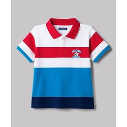 Pine Kids 100% Cotton Knit Half Sleeves Striped & Sports Theme Printed Polo T-Shirt - Blue & Red
