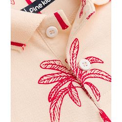 Pine Kids Cotton Knit Half Sleeves Polo T-Shirt with Palm Tree Print - Peach