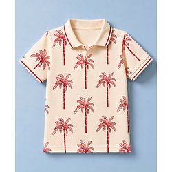 Pine Kids Cotton Knit Half Sleeves Polo T-Shirt with Palm Tree Print - Peach