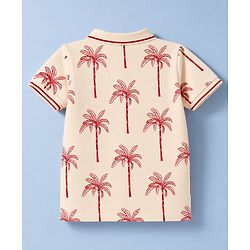 Pine Kids Cotton Knit Half Sleeves Polo T-Shirt with Palm Tree Print - Peach