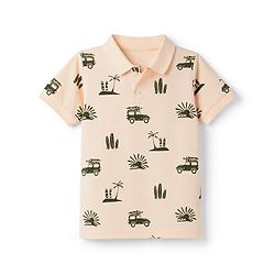 Pine Kids Cotton Knit Half Sleeves Polo T-Shirt with Beach Theme Print - Pink